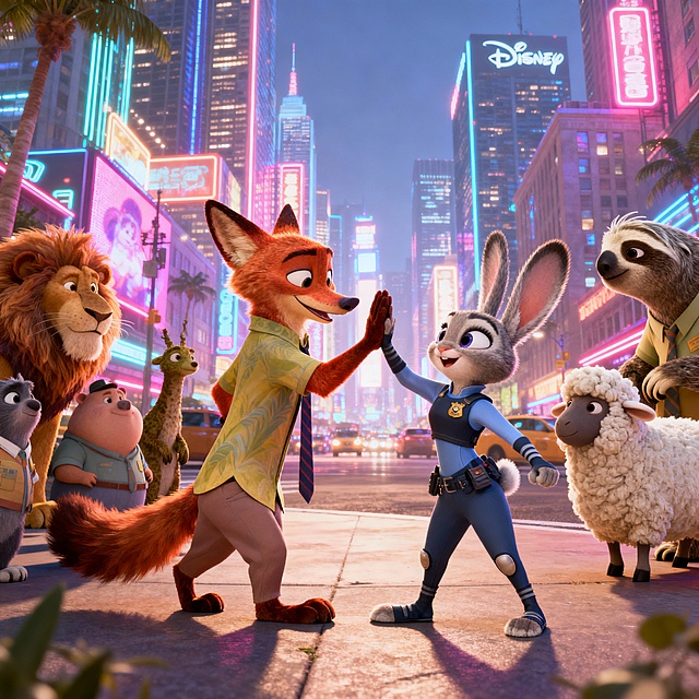 北极狐尼克和兔子朱迪在《疯狂动物城》的都市背景下击掌，周围是各种拟人化动物居民，背景有霓虹灯和高楼大厦，风格是迪士尼动画风格，比例是16:9