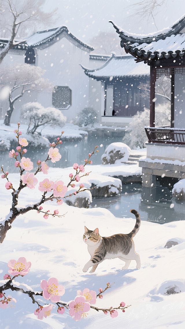 下雪天，一只猫咪在雪地里玩耍，几只梅花绽放，远处有中式园林景观