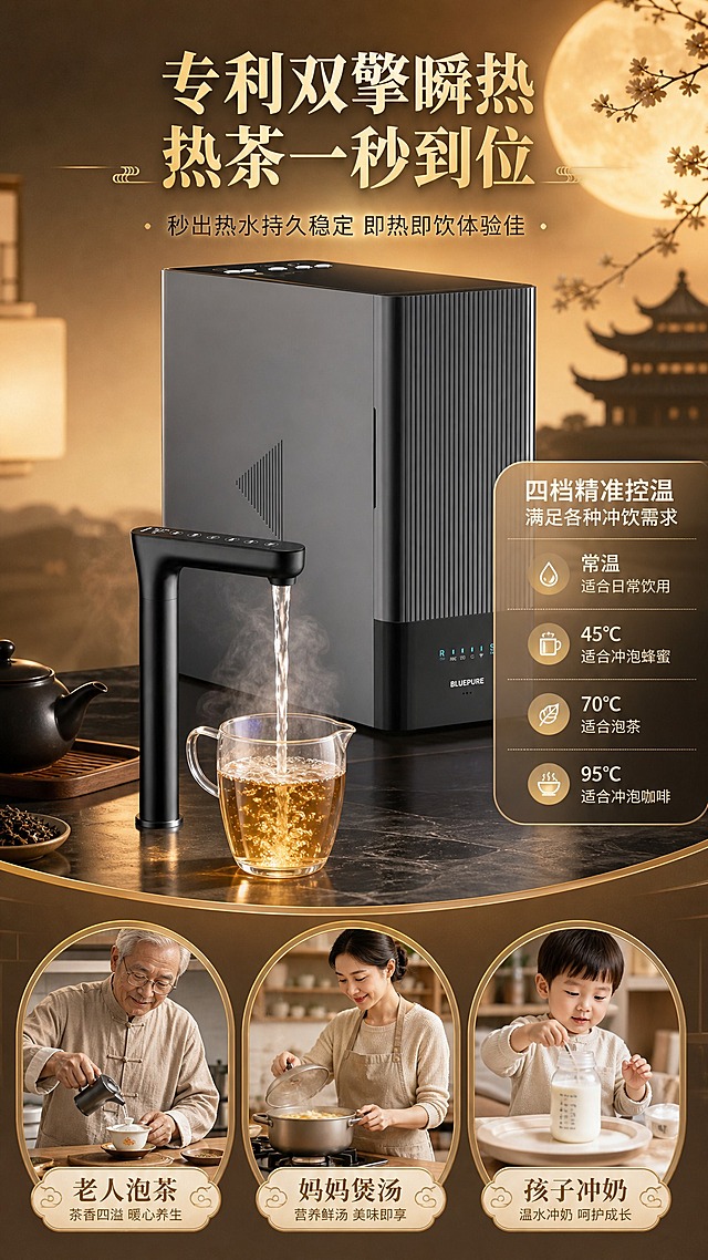 [商品] 使用【图1】蓝飘尔RC800 Plus净热一体机；保留产品结构、颜色、材质、Logo、龙头；龙头出水状态示意，产品置于画面中上部。
[画面] 页面目标：展示双擎瞬热技术+四档控温，以及全家多场景使用。构图：竖版9:16，上半部分产品+热水出水效果（蒸汽、暖光），下半部分三个圆形场景卡片横向排列（老人泡茶、妈妈煲汤、孩子冲奶）。前中后景：前景为龙头出水+热气效果，中景为产品主机，后景为暖金色渐变背景配中秋元素剪影。阅读动线：顶部即热技术标题→中部产品出水演示→底部三人群场景。
[视觉] 套系策略：风格=新中式轻奢科技商业摄影；标题字=宋体粗体带衬线；正文字=现代无衬线体；主色=深炭灰+暖金；背景延展=暖金色渐变光晕，深灰产品区对比；强调色=暖金色；标题色=暖金色；正文色=深炭灰+米白；组件=圆形场景卡片、温度标签、细金线；光影=暖光为主，热水蒸汽有通透感。
[文字] 产品上方标题"专利双擎瞬热 热茶一秒到位"；副标题"秒出热水持久稳定 即热即饮体验佳"；产品旁标注"四档精准控温 满足各种冲饮需求"；底部三个场景卡片分别标注："老人泡茶"、"妈妈煲汤"、"孩子冲奶"，每个卡片配对应场景小图。文字均横排。
[规格] 图片比例9:16竖版，4K，避免变形、错字、文字过小、产品颜色改变、结构失真、人物面部模糊。