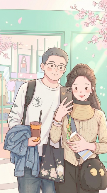 去掉图中男方的帽子，将两个人物都调整得更可爱，整体风格稍微偏向简笔画，线条简约，保留春季清新配色和手机壁纸尺寸，保留原构图与场景不变预览效果