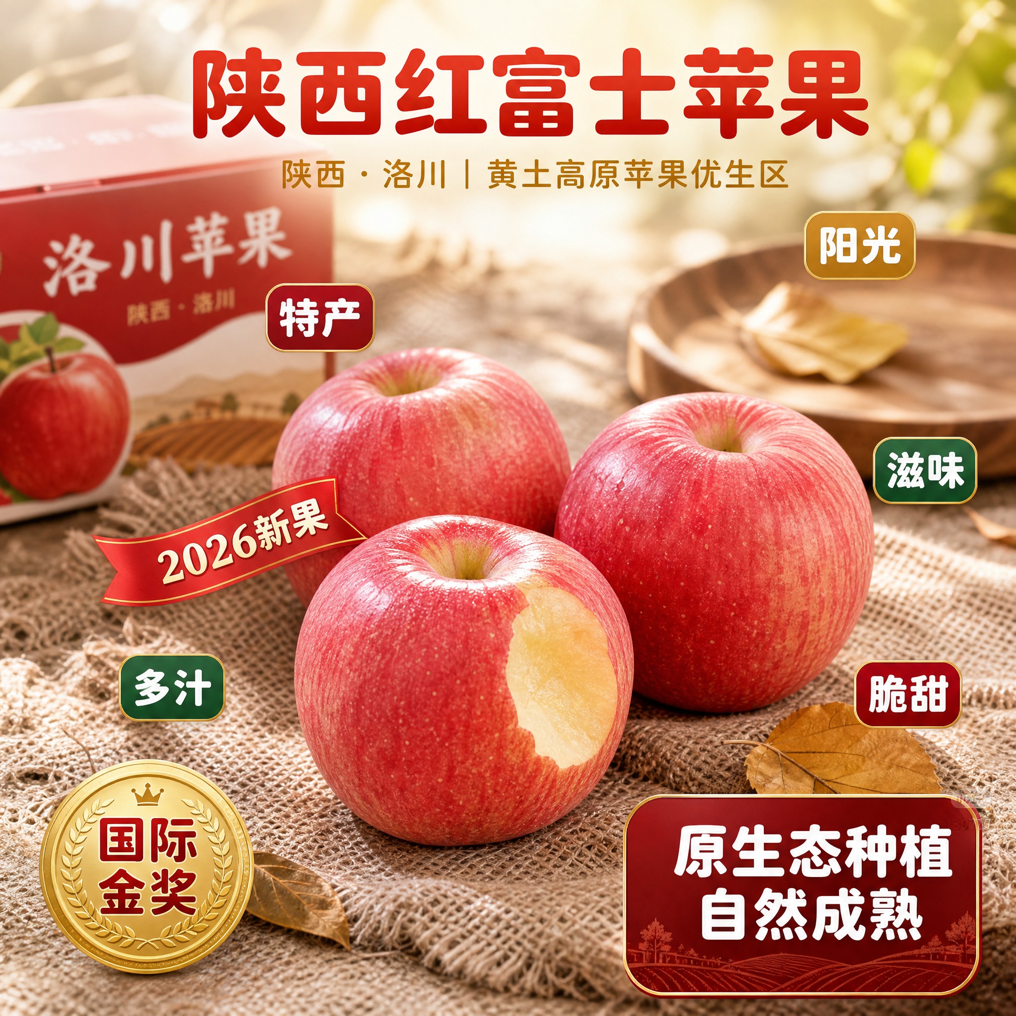 [主图-88] 粗麻布桌面场景陕西红富士苹果京东生鲜主图，核心… - 图片创意预览