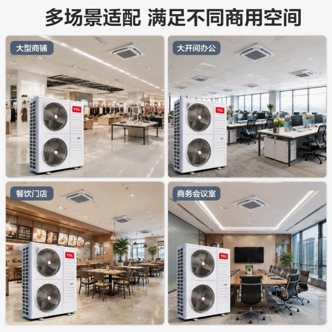 [第7屏] 多场景适配拼图-TCL一拖二10匹天花机适用场景展示。本屏使用【图1】作为产品主体。
[氛围/风格] 实景拼图风格，明亮真实，展示不同商用使用环境。
[元素布局] 四格拼图布局，上两格下两预览效果