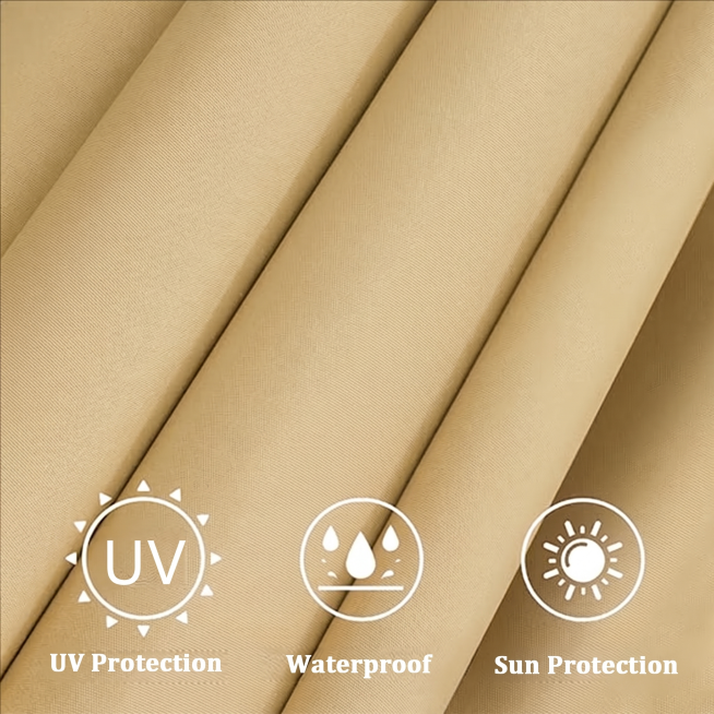 将原图面料整体改为香槟色，保持折叠纹理、UV Protection、Waterproof、Sun Protection图标和文字所有构图不变，仅修改面料颜色为香槟色预览效果