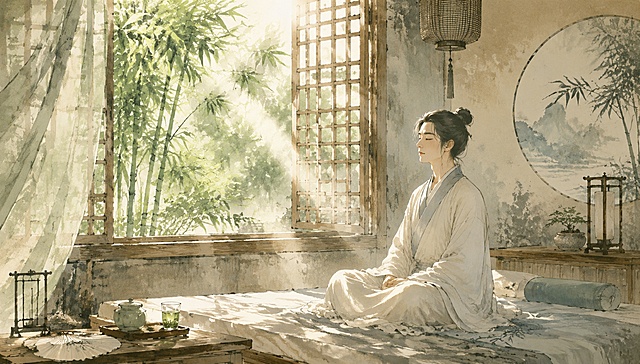 中国风夏季养生插画，表现起居有常避暑护津的主题，画面中有清晨阳光透过窗棂，古朴卧室中一人静坐调息，旁边放着一盏清茶，窗外有翠竹摇曳，整体色调清新淡雅，水墨风格，横构图，无文字