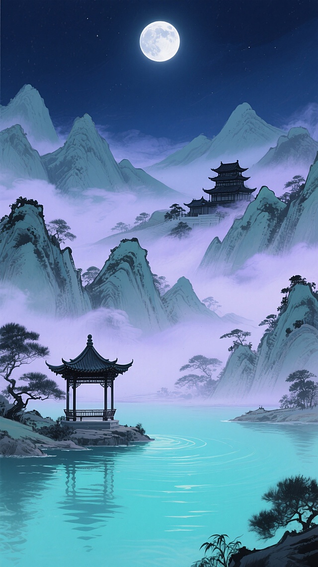 古典水墨风插画，梦幻朦胧的山水景象，亭台楼阁映月色，国潮韵味浓。