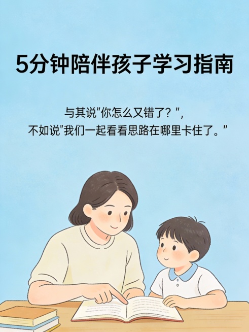 “一段温和而支持性的家长指导摘录，标题为《5分钟陪伴孩子学习指南》。内容包含共情式建议：‘与其说“你怎么又错了？”，不如说“我们一起看看思路在哪里卡住了。”’ 背景为柔和的蓝色，字体温暖亲切，配有一幅预览效果