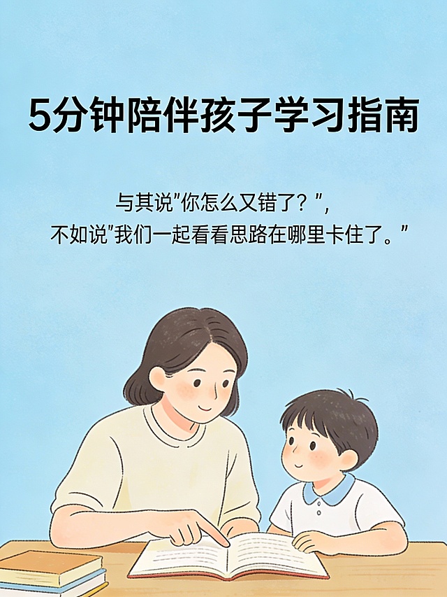 “一段温和而支持性的家长指导摘录，标题为《5分钟陪伴孩子学习指南》。内容包含共情式建议：‘与其说“你怎么又错了？”，不如说“我们一起看看思路在哪里卡住了。”’ 背景为柔和的蓝色，字体温暖亲切，配有一幅家长与孩子共同学习的简约插图。整体语气平静、鼓励，专为焦虑或压力大的家长设计。语言清晰、友善，不含专业术语。”