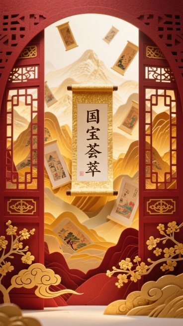 深红色与金色为主色调，背景强透光，镂空效果。中间有一副竖长的打开的卷轴画面中间是标题：国宝荟萃；画面两侧有红金色雕花立柱（含中式镂空门窗细节），立柱周围环绕金色祥云，盛开的桂花，背景层叠山峦、很多副中预览效果