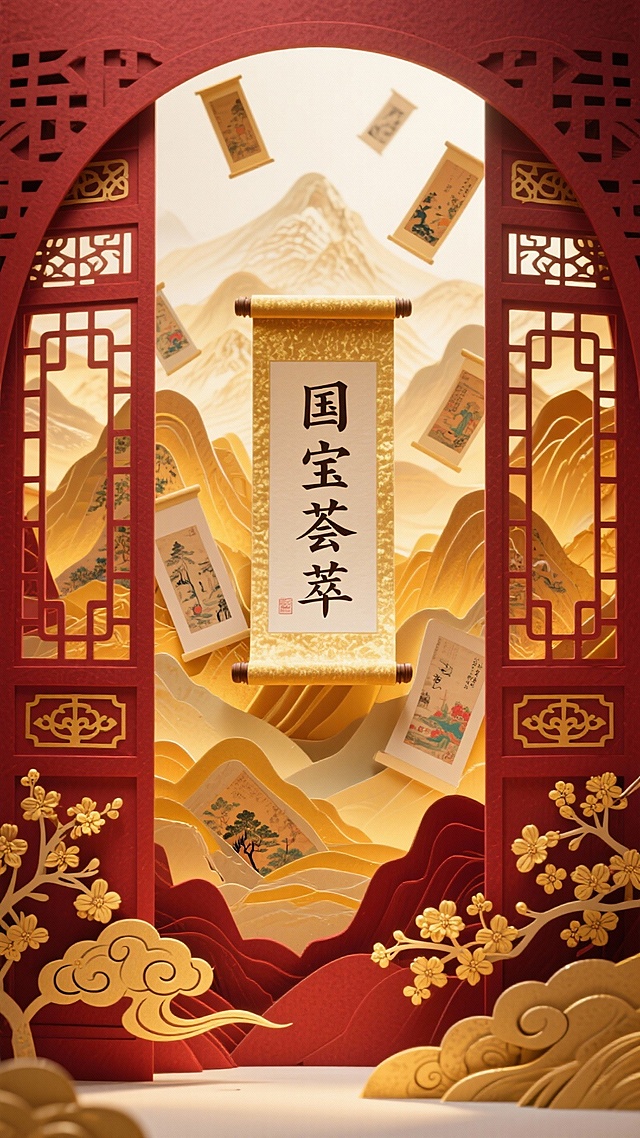 中式古典风，鎏金剪纸与3D浮雕结合，红金配色尽显奢华。卷轴飘飞于山峦之间，营造梦幻文艺意境，展现国宝荟萃的唯美感。