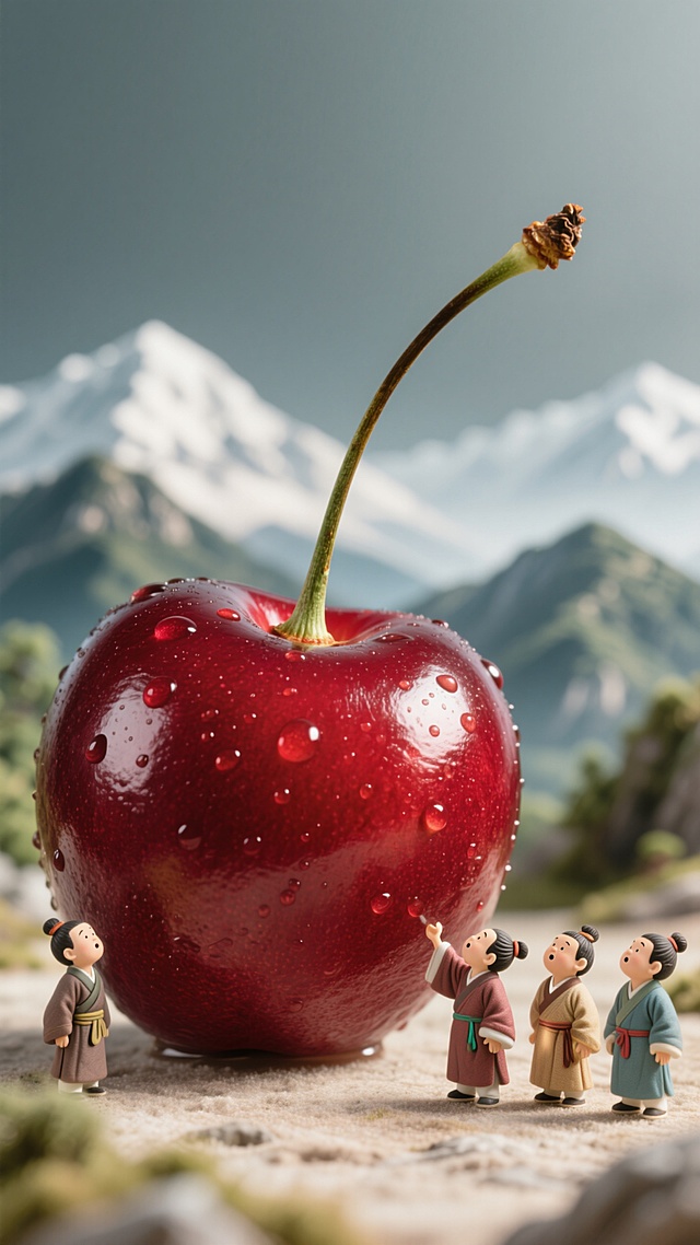 一个巨大的樱桃阻断山脉，几个迷你唐装小人看着樱桃，樱桃占视觉中心