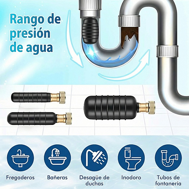 将图片中的英文替换为西班牙语："Rango de presión de agua
Fregaderos
Bañeras
Desagüe de duchas
Inodoro
Tubos de fontanería"