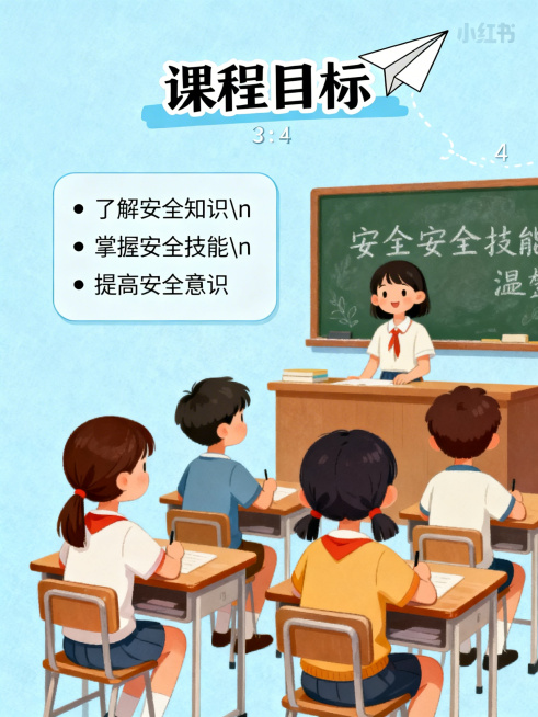 小红书3:4竖版宣传图，课程目标主题，浅蓝色背景。顶部标题"课程目标"配纸飞机图标。左侧文字框内容："• 了解安全知识\n• 掌握安全技能\n• 提高安全意识"。右侧插画为小学生在教室中认真听讲，黑板预览效果