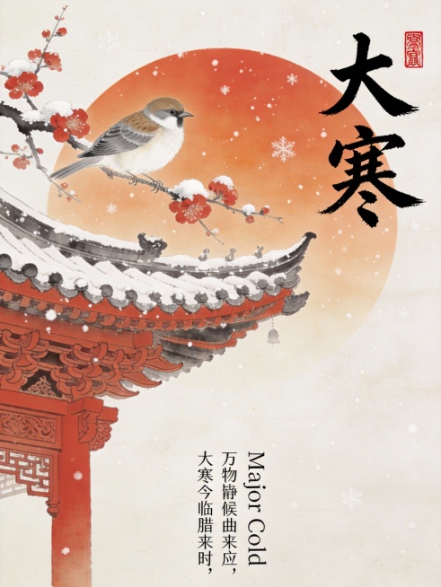 中国传统二十四节气之大寒主题海报设计，复古工笔与水墨结合风格，米白色宣纸纹理背景，中央为橙红色渐变圆形区域，雪花轻盈飘落。前景左侧一枝红梅，枝头点缀白雪，一只麻雀停驻其上，羽毛呈灰褐色，腹部白色。中景下方为红色中式古建筑一角，飞檐翘角，瓦片覆雪，斗拱雕刻精细。右侧竖排黑色毛笔书法大字“大寒”，旁有红色印章。底部左侧竖排诗句“万物皆静候曲来应，大寒今临腊来时”，右侧为英文“Major Cold”……预览效果