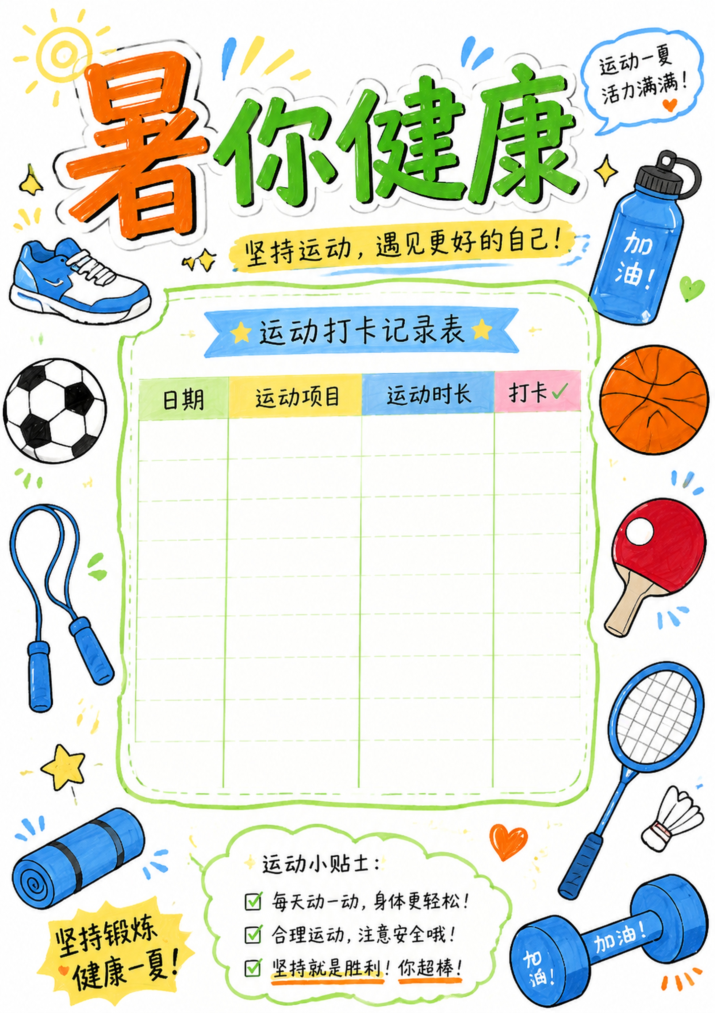 马克笔手绘风格，白底，暑你健康页面，标题“暑你健康”，预留运动… - 图片创意预览