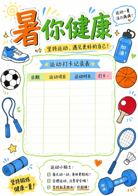 马克笔手绘风格，白底，暑你健康页面，标题“暑你健康”，预留运动打卡记录区域，手绘各种运动器材装饰，鼓励暑假坚持锻炼，排版活泼，尺寸210*297预览效果