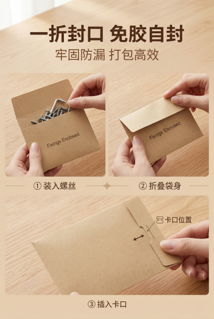 严格还原上传牛皮纸五金配件信封袋参考图，精准复刻包装设计、产品配色、“Fixings Enclosed”文字位置及比例、字体、图案细节，色彩无失真，产品与道具比例遵循真实物理空间逻辑，比例1:1。淘宝预览效果