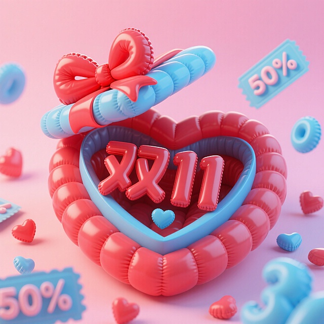 一个打开的红色爱心形盒子，盒盖系着红色大蝴蝶结，盒里及周围散落着多个“双11”立体字和写着“50%”蓝色优惠券
