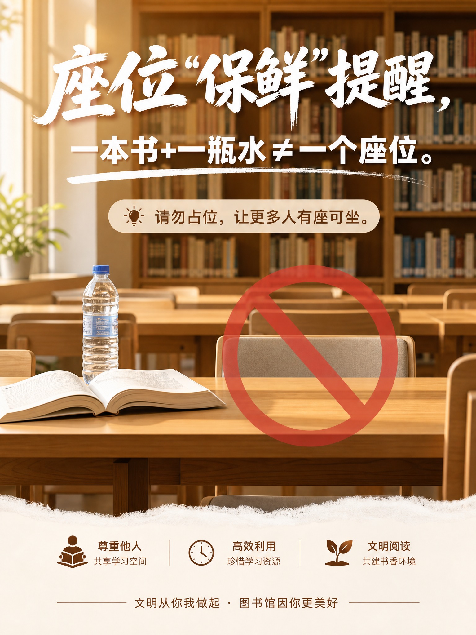 图书馆文明标语海报，竖版3:4构图，画面中央是图书馆自习区场景… - 图片创意预览