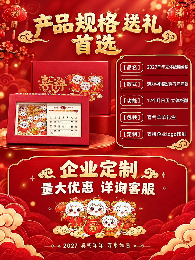 [商品] 使用喜气洋洋款台历+喜气羊羊礼盒；严格保留产品原貌。
[画面] 页面目标：规格参数与定制服务收尾，促进转化。构图：上下分区，上方为规格参数表，下方为企业定制说明。景别：中景。上方左侧为产品小图，右侧为规格参数表。下方为企业定制广告位区域，红底金字展示定制服务。
[视觉] 套系策略：风格=国潮萌趣喜庆商业摄影；标题字=活泼圆润宋体加粗；正文字=简洁圆润无衬线；主色=中国红；背景延展=基于中国红做深浅渐变、光斑、祥云暗纹层次；强调色=烫金色，仅用于标题、图标、装饰；标题色=烫金色；正文色=米白色；组件=金色描边红底圆角信息卡、祥云装饰元素；光影=暖光营造温馨礼赠氛围。
[文字] 顶部主标题"产品规格 送礼首选"烫金色大字。规格表包含："【品名】2027羊年立体纸雕台历"、"【款式】魅力中国款/喜气洋洋款"、"【功能】12个月日历 立体纸雕"、"【包装】喜气羊羊礼盒"、"【定制】支持企业logo印刷"，表格为金色细线红底白字。下方企业定制区配文"企业定制 量大优惠 详询客服"米白色。底部一行"2027 喜气洋洋 万事如意"烫金色收尾。
[规格] 图片比例3:4竖版，2K分辨率，避免变形、错字、文字过小、参数虚构、冷蓝/蓝灰背景、水印、平台Logo。