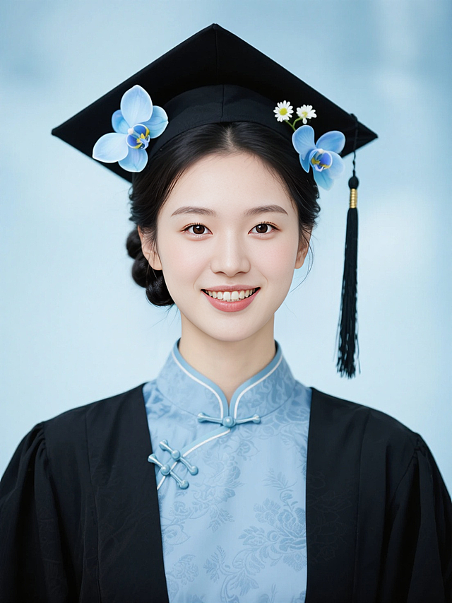 女生，学士服证件照，复古妆容，古典低盘发戴学士帽，黑色穗子，头上簪两朵浅蓝色的蝴蝶兰和白色小花，黑色学士服领口有复古花纹，内衬是淡蓝色旗袍盘扣领口，浅蓝色朦胧背景，露齿笑