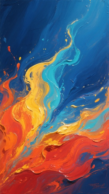 一幅充满动感与活力的抽象色彩流体艺术作品，整体呈现出浓厚的油画质感，色彩以深邃的靛蓝色为背景，中央及下方区域由炽热的橙红色、明亮的金黄色和清新的青蓝色相互交融、流淌、扩散，形成强烈的视觉冲击力和层次感，色彩过渡自然且富有张力，笔触厚重而奔放，呈现出颜料在画布上肆意挥洒的流动感和随机性，光影效果柔和，高光部分主要集中在色彩交汇的明亮区域，营造出温暖而热烈的氛围，画面构图饱满，色彩元素充满整个空间……预览效果