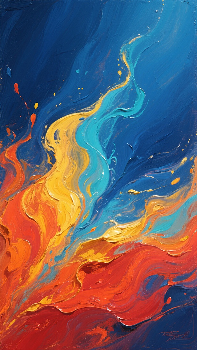 一幅充满动感与活力的抽象色彩流体艺术作品，整体呈现出浓厚的油画质感，色彩以深邃的靛蓝色为背景，中央及下方区域由炽热的橙红色、明亮的金黄色和清新的青蓝色相互交融、流淌、扩散，形成强烈的视觉冲击力和层次感，色彩过渡自然且富有张力，笔触厚重而奔放，呈现出颜料在画布上肆意挥洒的流动感和随机性，光影效果柔和，高光部分主要集中在色彩交汇的明亮区域，营造出温暖而热烈的氛围，画面构图饱满，色彩元素充满整个空间，展现出色彩的极致碰撞与融合之美。