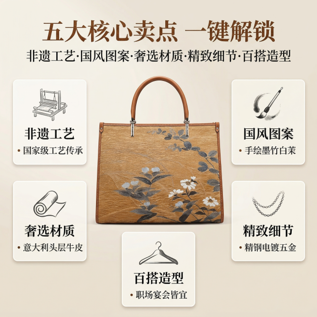电商主图设计，1:1比例，高清8K分辨率，信息可视化摄影风格，严格还原上传产品图核心外观，以卖点可视化为主。整体风格为东方新中式轻奢杂志风，中文文字使用精致衬线字体，产品居中展示，周围分五个卡片式区块预览效果