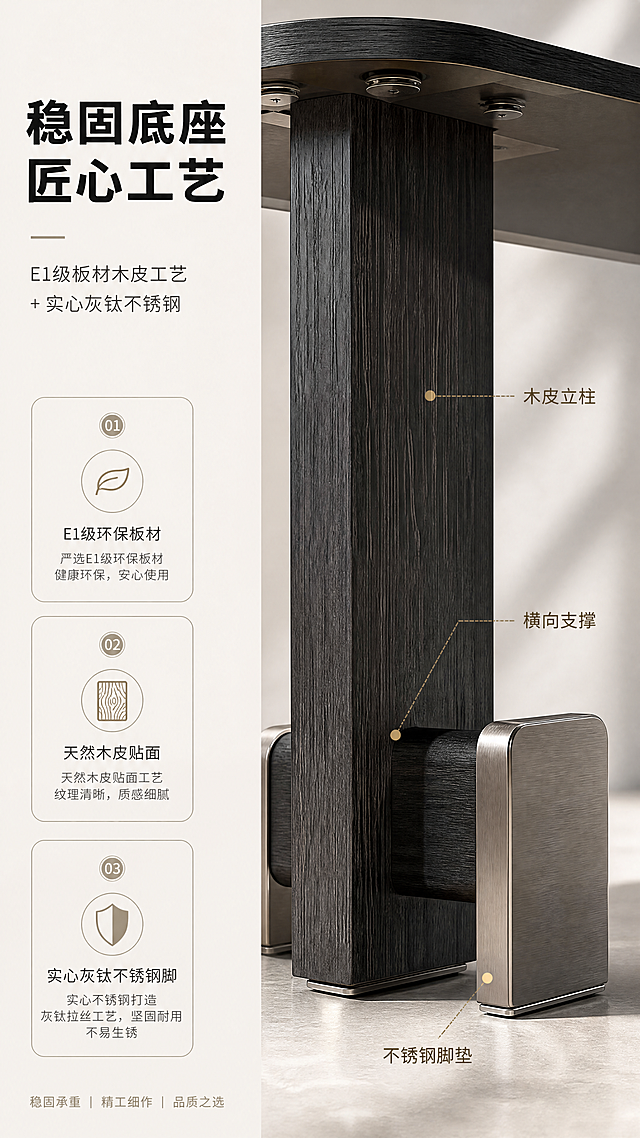 [商品] 使用【图1】DJ-8838角几底座部分；保留T型深色木皮立柱、底部横向支撑、灰钛不锈钢支撑脚的结构和材质；商品处理：增强木皮纹理的细腻质感，提升不锈钢金属光泽和拉丝纹理，突出结构连接处的精密工艺。
[画面] 目标：底座结构工艺解析，展现稳固支撑与优质用材。构图：左右分栏，左侧约40%文案说明区，右侧约60%底座结构特写。角度：仰视微侧角，聚焦底座T型结构和不锈钢脚。主体占画面约65%。前中后景：前景不锈钢支撑脚特写，中景木皮立柱完整结构，后景浅灰色渐变背景+柔和光影。
[视觉] 套系策略：风格=现代轻奢高级商业摄影；标题字=现代简约粗黑体；正文字=纤细无衬线体；主色=米白+浅灰；背景延展=基于米白浅灰做深浅层级、同色渐变和细腻微水泥/织物质感；强调色=灰钛金，仅用于小面积图标、引线和标签；标题色=深炭黑；正文色=中暖灰；组件=细线信息卡、金属质感引线、圆形序号标；光影=右前侧暖柔光，柔和阴影。
[文字] 左侧文案区：主标题「稳固底座 匠心工艺」，副标题「E1级板材木皮工艺 + 实心灰钛不锈钢」，下方三个带图标的卖点：「E1级环保板材」「天然木皮贴面」「实心灰钛不锈钢脚」，右侧底座图上用引线标注「木皮立柱」「横向支撑」「不锈钢脚垫」三个结构部位。
[规格] 淘宝/天猫详情页，单屏比例9:16竖版，分辨率4K，负向提示：避免变形、错字、文字过小、冷蓝背景、结构改变、材质失真。