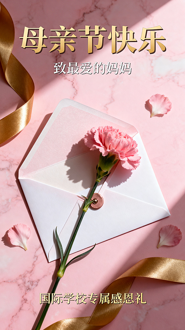 母亲节轻奢风格海报，粉色主色调，搭配玫瑰金和白色。画面中心是一封精致的信封，信封上别着一朵粉色康乃馨，旁边散落着几片花瓣。背景是细腻的粉色大理石纹理，搭配金色的丝带和柔和的光影。整体构图采用对角线布局，元素精致、质感细腻，营造出优雅、感恩的视觉氛围。视觉表现力强，元素自然真实，适合国际学校或高端品牌使用。