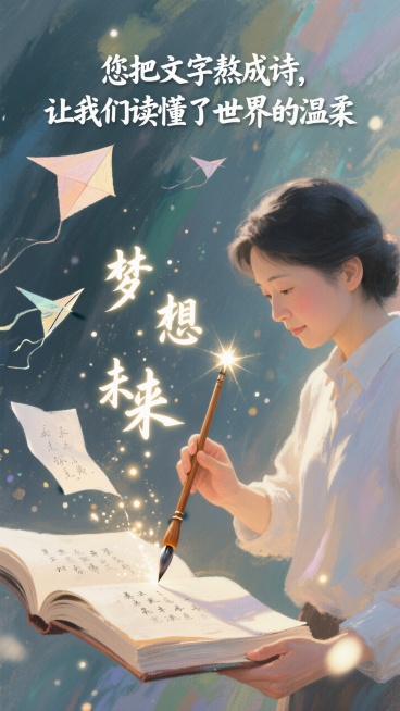 背景是翻开的诗词集，语文老师手中握着“毛笔形状的魔法棒”，笔尖落下的不是墨，而是“会飘的汉字”（如“梦想”“未来”），身边绕着几只纸鸢（纸鸢上写着诗句）。  
顶部大标题：“您把文字熬成诗，让我们读懂预览效果