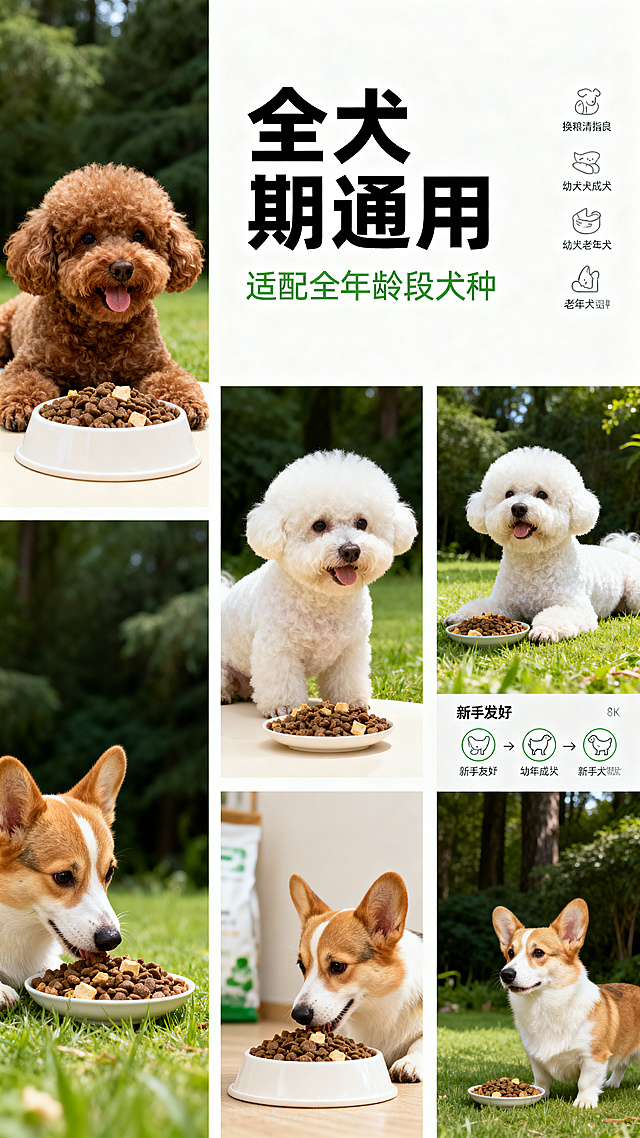 全屏统一清新自然治愈风，实景实拍质感，森系深绿+柔和米白+浅暖自然光色调，整体干净通透、治愈高级。主文案"全犬期通用"居中粗黑放大，点明适配属性；副文案"适配全年龄段犬种"居中下沉，纤细浅绿字体，排版简洁大气。多场景拼接实景构图，展示泰迪、比熊、柯基等中小型犬，幼犬、成犬、老年犬进食实拍画面；侧边搭配简约图文换粮指南步骤图，新手友好，构图丰富不杂乱。8K高清实景实拍，各场景画面色调统一，狗狗状态自然真实，图文排版清晰规整，适配新手养宠用户
