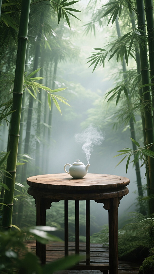 超写实风格的东方禅意场景，从不同角度俯瞰茂密竹林，清晨柔和的阳光透过竹叶缝隙形成斑驳光影，弥漫着淡淡的晨雾，木质圆桌上放置一个素雅的白色茶壶，壶口飘出袅袅轻烟，周围环绕着翠绿的竹叶，整体色调以深浅不一的绿色为主，光影层次丰富，营造出宁静悠远、清新自然的氛围，木质纹理清晰可见，雾气朦胧富有层次感，没有文字和二维码等元素
