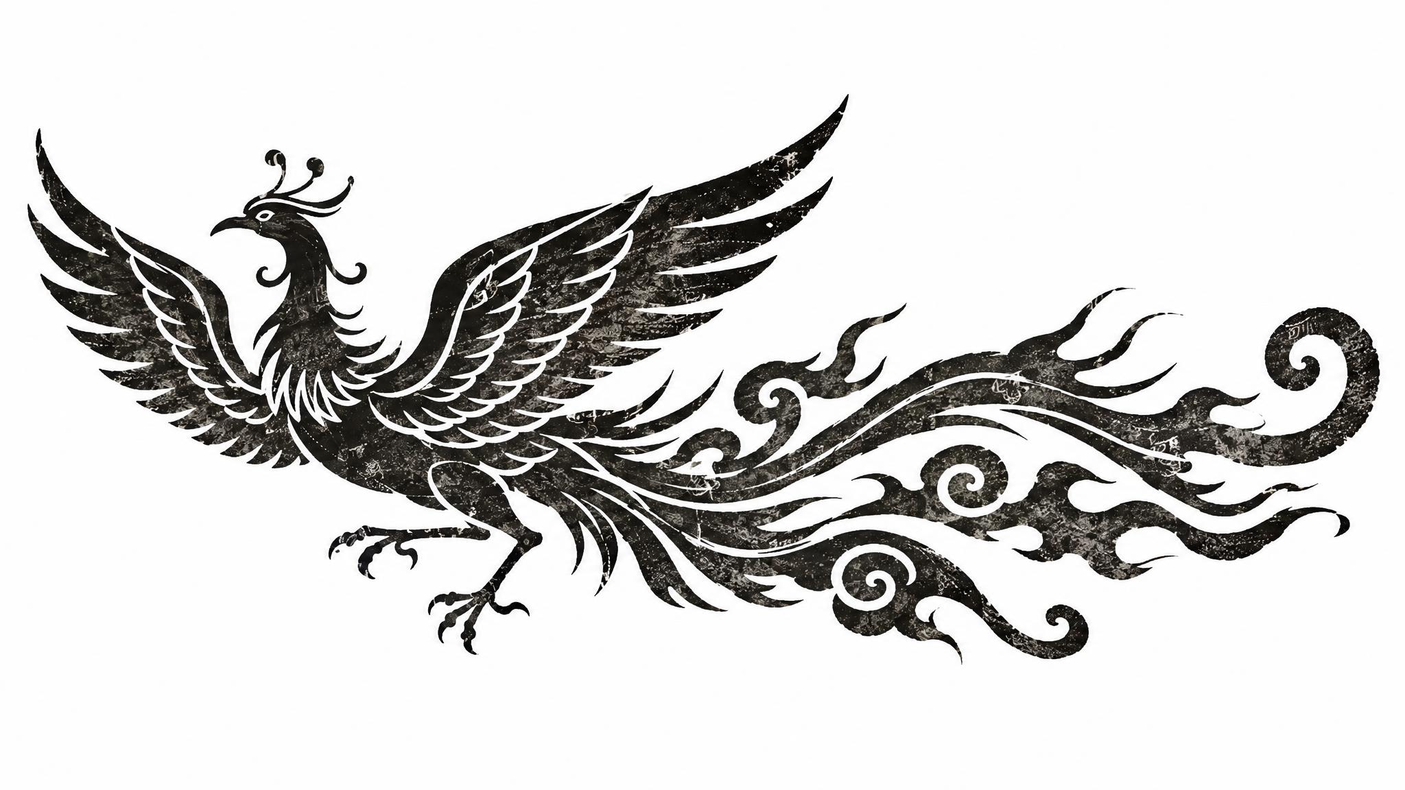 参考图中的中国传统凤凰纹样风格，黑白水墨拓印质感，凤凰造型优雅… - 图片创意预览