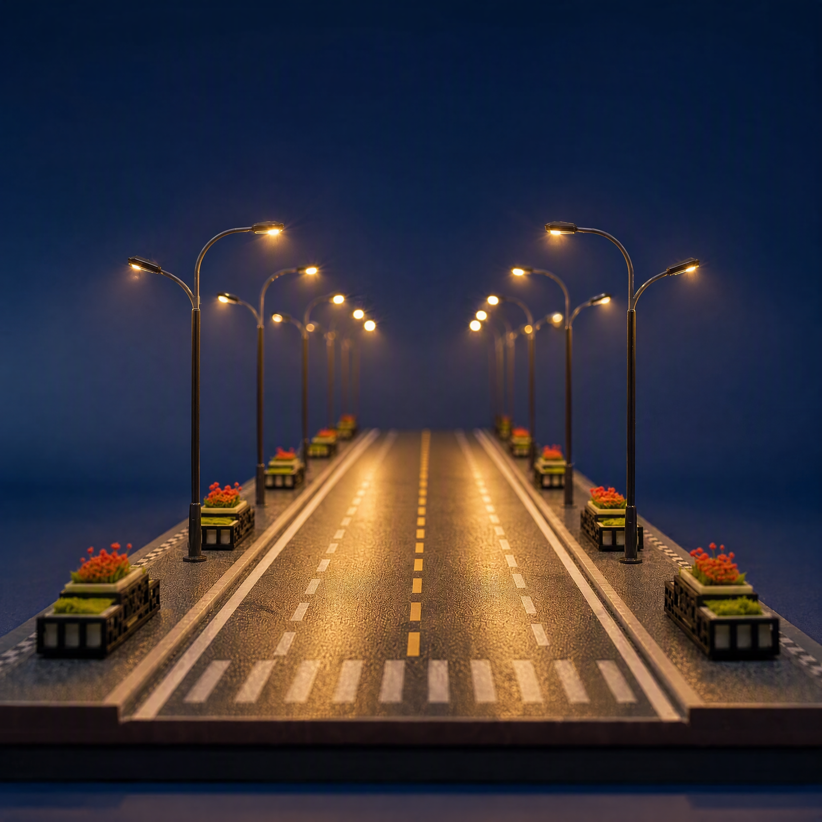 添加夜景效果，整体变为夜晚场景，柔和暖白色路灯光线照亮路面，路… - 图片创意预览