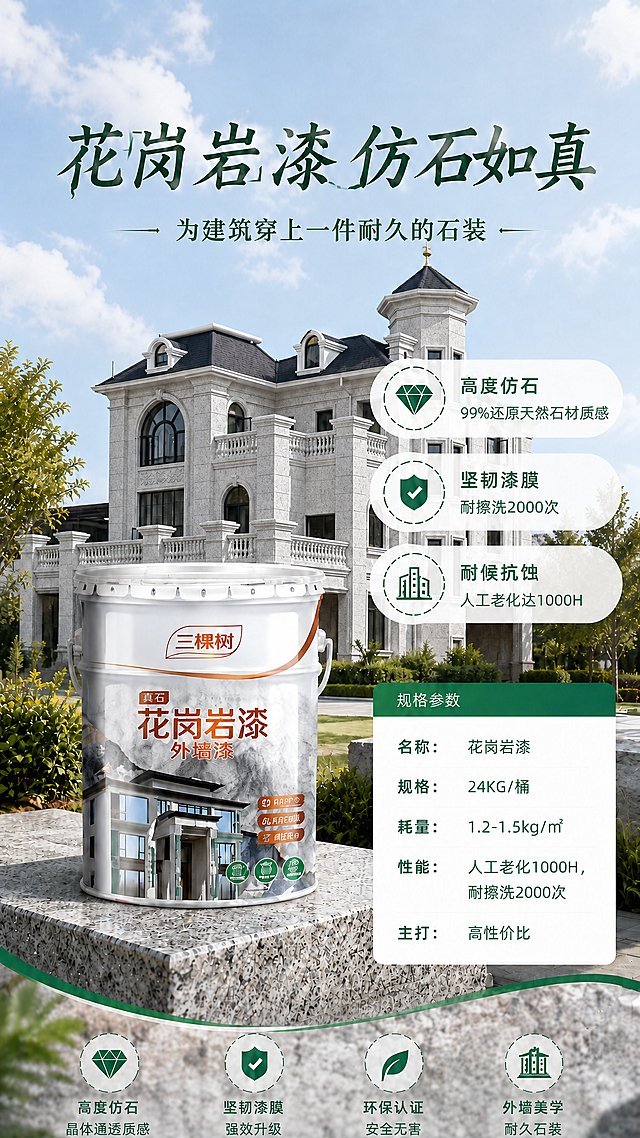 将海报背景中的白色别墅外墙替换为浅灰色花岗岩质感，呈现仿石漆效果，外墙表面有细腻的花岗岩颗粒纹理和自然石材质感，颜色为浅灰色带细微深浅变化的麻石效果。屋顶、窗户、栏杆等建筑结构保持不变。其余海报内容（产品桶、标题、卖点标签、规格参数卡、底部卖点带、花岗岩台面、版式结构、色调风格）全部保持不变。