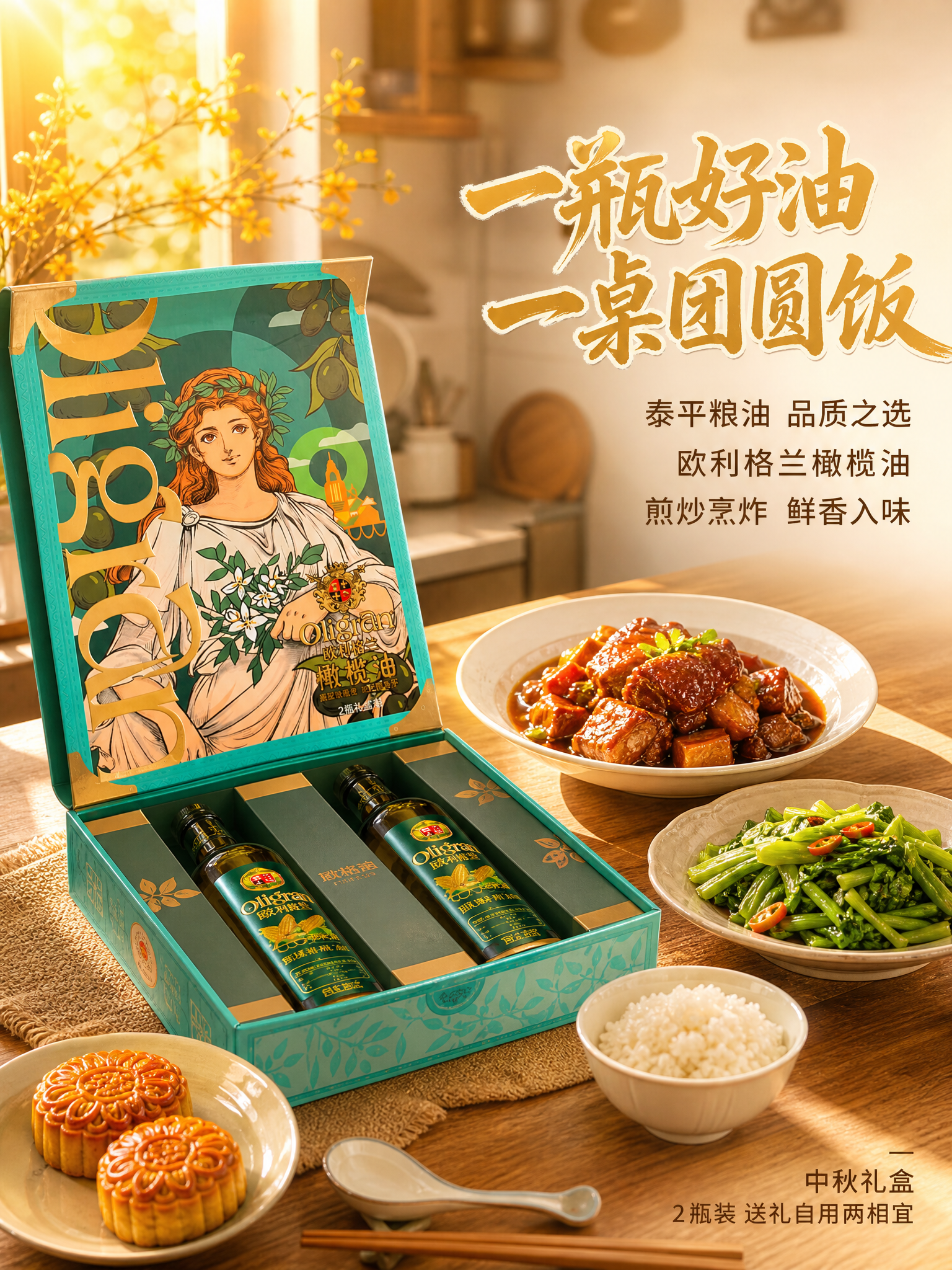[主图-2] 中秋礼盒场景图，突出橄榄油的品质与家庭烹饪使用场… - 图片创意预览