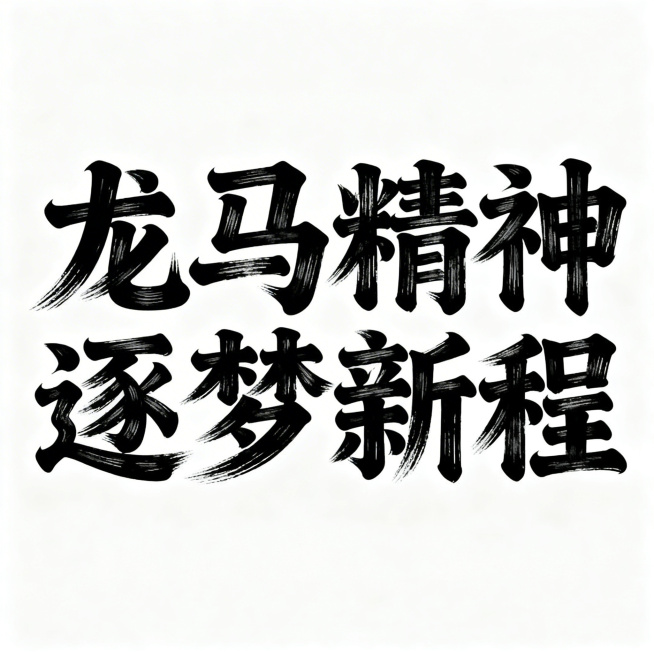 主题字“龙马精神 逐梦新程”，酷炫饱满的传统毛笔书法风格，每个字都有清晰明显的笔锋，笔触苍劲有力，书法纹理清晰，文字居中排布，背景为纯白色，整体大气醒目预览效果