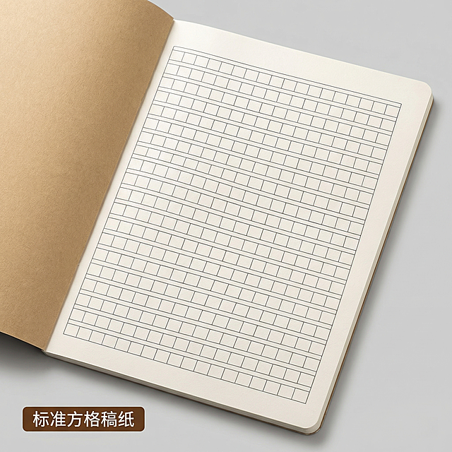 [主图 4] 语文簿方格内页展示
[氛围风格] 清晰写实，干净专业
[画面元素] 商业摄影质感，光线柔和通透，产品清晰真实，画面干净高级。打开语文簿展示内页方格排版，纸张厚实，格线清晰，产品外观和用户提供产品图保持一致，浅灰色背景衬托产品
[配色色系] 主色调：米白内页，深灰色格线，浅灰背景
[视角构图] 平拍俯视，完整展示内页格式
[文字版式] 左下标签 "标准方格稿纸" 深棕底白字，不遮挡主体
[比例分辨率] 1:1 比例，2k 分辨率，文字清晰可辨，超高清
[负向提示词] 变形，水印，文字错乱，产品图模糊，背景杂乱