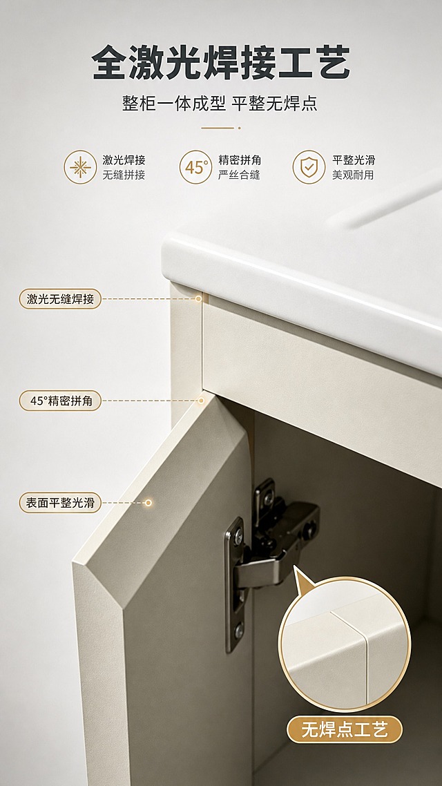 [商品] 使用【图3】无焊点工艺细节特写图；保留柜体边角结构、铰链安装位置、米白色全铝材质、45度拼角工艺；突出焊接处平整光滑无焊点的细节质感。
[画面] 目标：第3张核心工艺页，展示全激光焊接的高品质工艺。构图：上文案下特写，顶部约1/5为标题区，下方约4/5为柜体边角微距特写。主体：浴室柜门板与柜体的拼接边角占据画面中心，产品细节占画面约70%。景别：微距特写，聚焦焊接缝与边角工艺。背景：纯净浅灰色渐变，突出金属质感与工艺细节。光线：侧光打亮边角，形成明暗对比，凸显平整度。
[视觉] 套系策略：风格=现代轻奢简约商业摄影风；标题字=思源黑体粗体；正文字=思源黑体常规体；主色=高级灰+米白；背景延展=基于米白/浅灰做深浅层级、同色渐变；强调色=香槟金，仅用于小面积图标、引线、标签和局部光效；标题色=深炭灰；正文色=中暖灰；组件=圆角信息卡、细线引线、放大镜效果圈注；光影=侧前硬柔光，突出金属质感与焊接平整度。
[文字] 顶部主标题"全激光焊接工艺"（7字），副标题"整柜一体成型 平整无焊点"（10字）。画面中用细线引线标注3处工艺细节："激光无缝焊接""45°精密拼角""表面平整光滑"。右下角配"无焊点工艺"放大示意圈。文字横排，不遮挡核心工艺细节。
[规格] 图片比例9:16竖版，4K，负向提示：避免变形、错字、文字过小、焊点瑕疵、材质失真、极限词、水印、冷蓝背景。