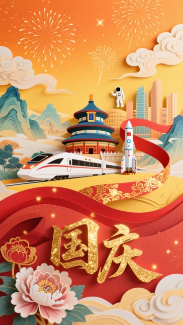橙黄天幕缀烟花与云朵，国画风山水映现代城。天坛、高铁、宇航员火箭相映，带金纹光斑的红飘带蜿蜒其间。下方“国庆”金光大亮，暖橙、红、金铺就喜庆，牡丹绽放、金纹点缀，传统与现代交融，满溢热烈欢腾。预览效果