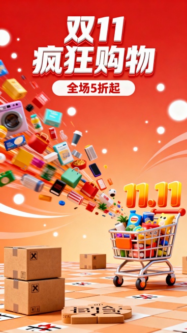 热烈红色主色调卡通3D双11促销海报，画面上方中央白色粗体3D立体大字“双11疯狂购物”，下方红色小字“全场5折起”，左侧至中间区域色彩缤纷的各类商品呈倾泻状从左向右散落，搭配动态模糊效果，右下角橙黄预览效果