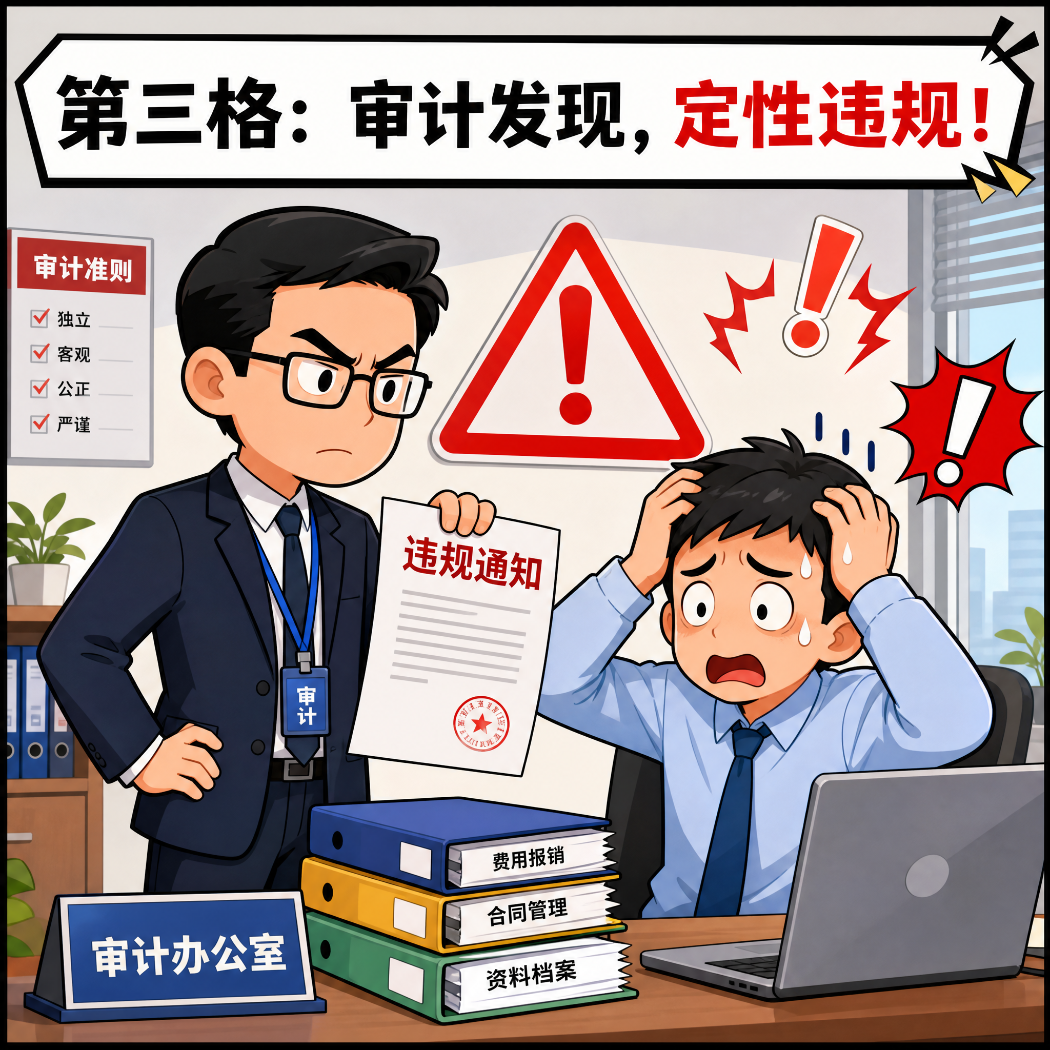 四格漫画，第三格：审计场景，一位表情严肃的审计人员站在员工旁边… - 图片创意预览
