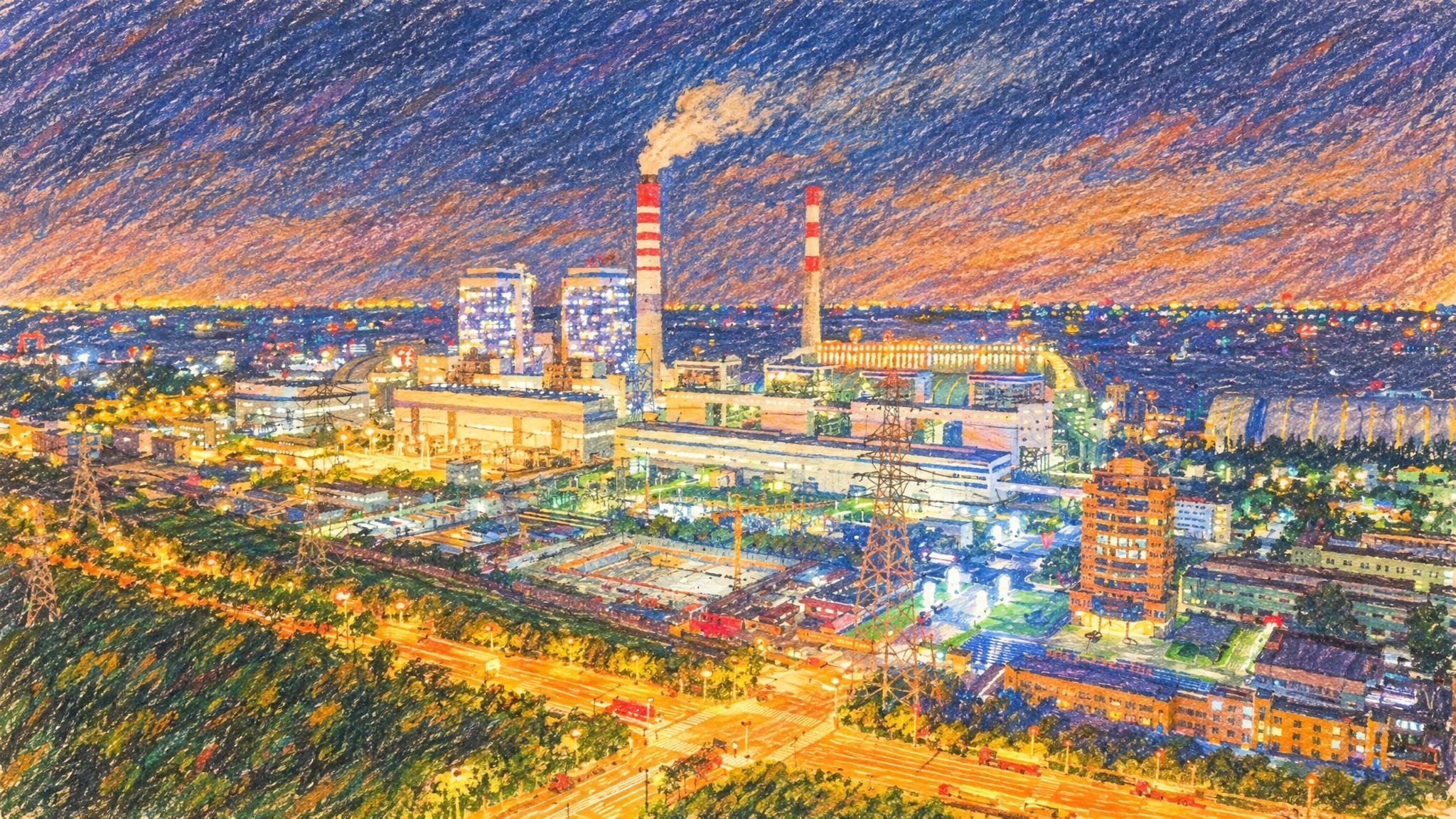 将这张夜景工厂照片转换为蜡笔手绘风格插画，保留画面中烟囱、厂房… - 图片创意预览