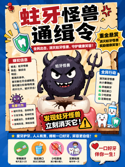 蛀牙怪兽通缉令海报，风格卡通童趣，标题为"蛀牙怪兽通缉令"，突出蛀牙怪兽的负面形象，配合爱牙防蛀主题，整体适合线下商超张贴宣传预览效果