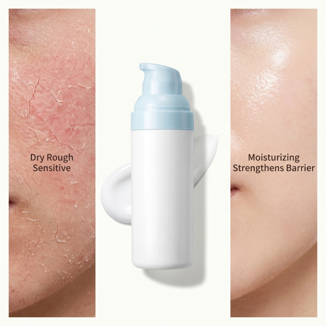 [主图-4] Efficacy problem-solution display for Multi-effect Moisturizing Cream. The product bottle is预览效果
