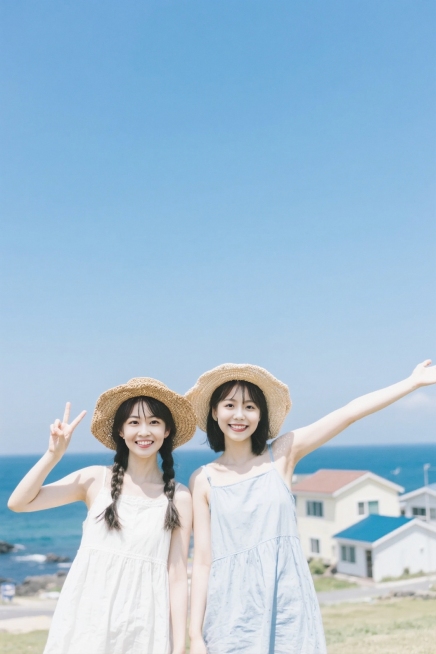 背景济州岛，两位女生戴草帽，穿清新夏装，左边女生比耶，右边女生张开手臂，背景有蓝天、大海、房屋，日系清新色调，胶片质感，远景，人像居中预览效果