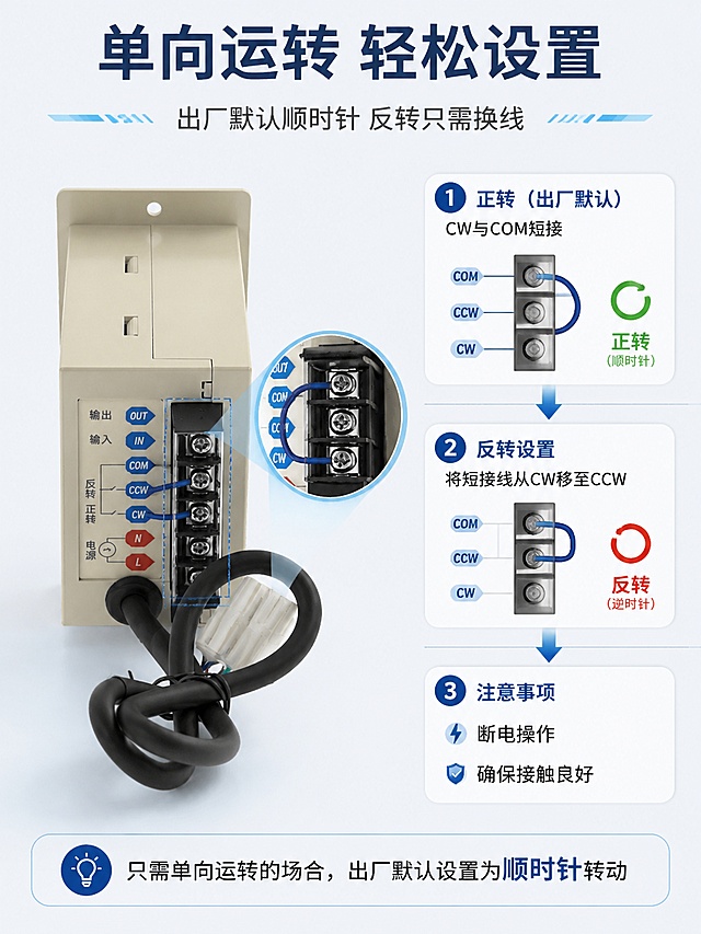 [第7屏] 详情页场景一-单向运转接线方式说明。本屏使用【图1】作为产品主体，展示CW/CCW短接线切换。
[氛围/风格] 工业科技风，浅灰底色，操作说明风格。
[元素布局] 产品置于左侧，占比约45%，端子区域放大显示短接线位置；右侧为操作步骤说明和示意图；展示CW与COM短接（正转）和CCW与COM短接（反转）两种状态；背景浅灰色+操作步骤图标+箭头指示。
[光影质感] 均匀柔光，产品清晰，端子区域有高亮圈注，整体明亮易读。
[配色色系] 全局底色 #F5F7FA（浅灰）；主色深蓝+浅灰；辅助色蓝色、红色、绿色正确标识。
[视角构图] 左右分栏，左产品右说明，阅读动线从左到右。
[文字版式] 顶部主标题「单向运转 轻松设置」，副标题「出厂默认顺时针 反转只需换线」；右侧步骤说明：1.「正转（出厂默认）」CW与COM短接」2.「反转设置」将短接线从CW移至CCW」3.「注意事项」断电操作 确保接触良好」。配对应小示意图。底部提示文字：「只需单向运转的场合，出厂默认设置为顺时针转动」。
[比例分辨率] 3:4竖版比例，4K分辨率，文字清晰可辨。
[负向提示词] 产品变形，端子错误，水印，文字错乱。