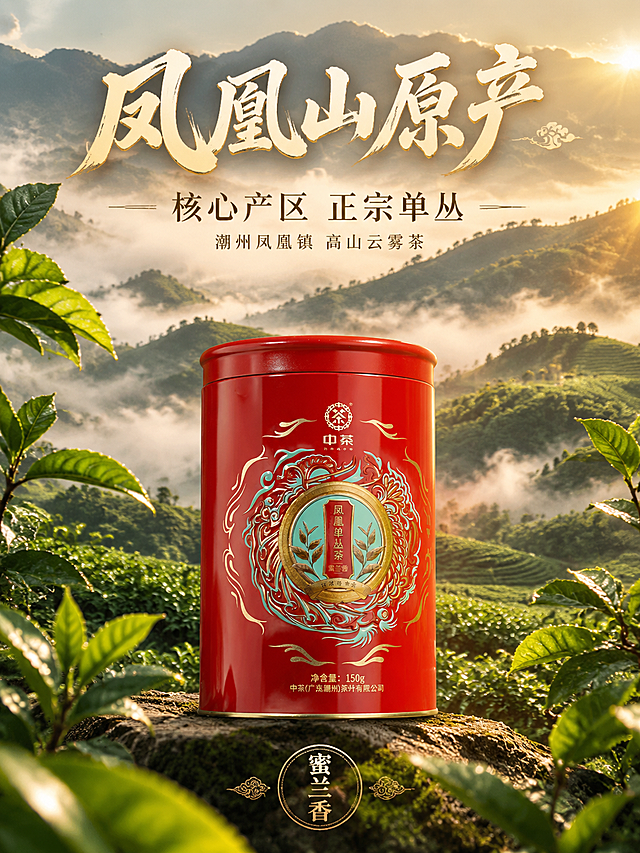 [主图-2] 核心亮点 产地溯源 中茶凤凰单丛茶 潮州凤凰山 竖版
[统一基调] 沉浸式氛围感 暖调国风 深棕+暖金+朱红配色 主标题用粗笔刷书法字 米白字色色带暖金描边 辅助文案用细宋体 整体高级电影感 柔光侧逆光 烟雾缭绕
[画面] 产品红色茶罐位于画面下半部分居中 占比45% 背景为潮州凤凰山云雾茶园场景 层层叠叠的茶山在晨雾中若隐若现 暖金色晨光洒在茶园上 画面上方是远山与云雾 前景有新鲜茶树枝叶点缀从画面两侧伸入 整体有纵深感
[光影质感] 自然晨光质感 暖金色平射光 茶罐与茶园场景自然融合 茶罐表面有环境光反射 茶叶翠绿有光泽 云雾有通透感
[配色] 主色茶山翠绿+晨雾米白 辅色暖金阳光 产品朱红点缀 整体清新自然又高级
[文字版式] 画面上方主标题大字"凤凰山原产" 下方细宋体"核心产区 正宗单丛" 再下方分两行小字"潮州凤凰镇 高山云雾茶" 底部有圆形印章式文字"蜜兰香" 文字清晰不遮挡产品
[输出要求] 750x1000 3:4比例 文字清晰 产品清晰不变形 无错字 无水印 无平台Logo 禁止杂乱元素
