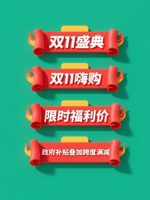 四个规整排布的促销标签素材，每个标签采用纯色背景，标签设计为带有火焰装饰的红色卷轴形状，顶部有黄色矩形小标签，白色粗体大号文字，每个标签文案分别为“双11盛典”、“双11嗨购”、“限时福利价”、“政府补贴叠加跨度满减”，整体风格为3D立体效果，具有清晰的光影和阴影细节，色彩鲜明对比强烈，视觉层级突出，排版简洁高效，符合促销活动的宣传目的。预览效果