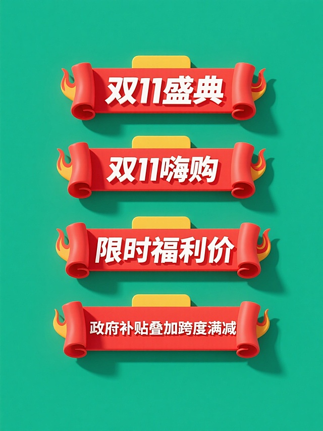 四个规整排布的促销标签素材，每个标签采用纯色背景，标签设计为带有火焰装饰的红色卷轴形状，顶部有黄色矩形小标签，白色粗体大号文字，每个标签文案分别为“双11盛典”、“双11嗨购”、“限时福利价”、“政府补贴叠加跨度满减”，整体风格为3D立体效果，具有清晰的光影和阴影细节，色彩鲜明对比强烈，视觉层级突出，排版简洁高效，符合促销活动的宣传目的。